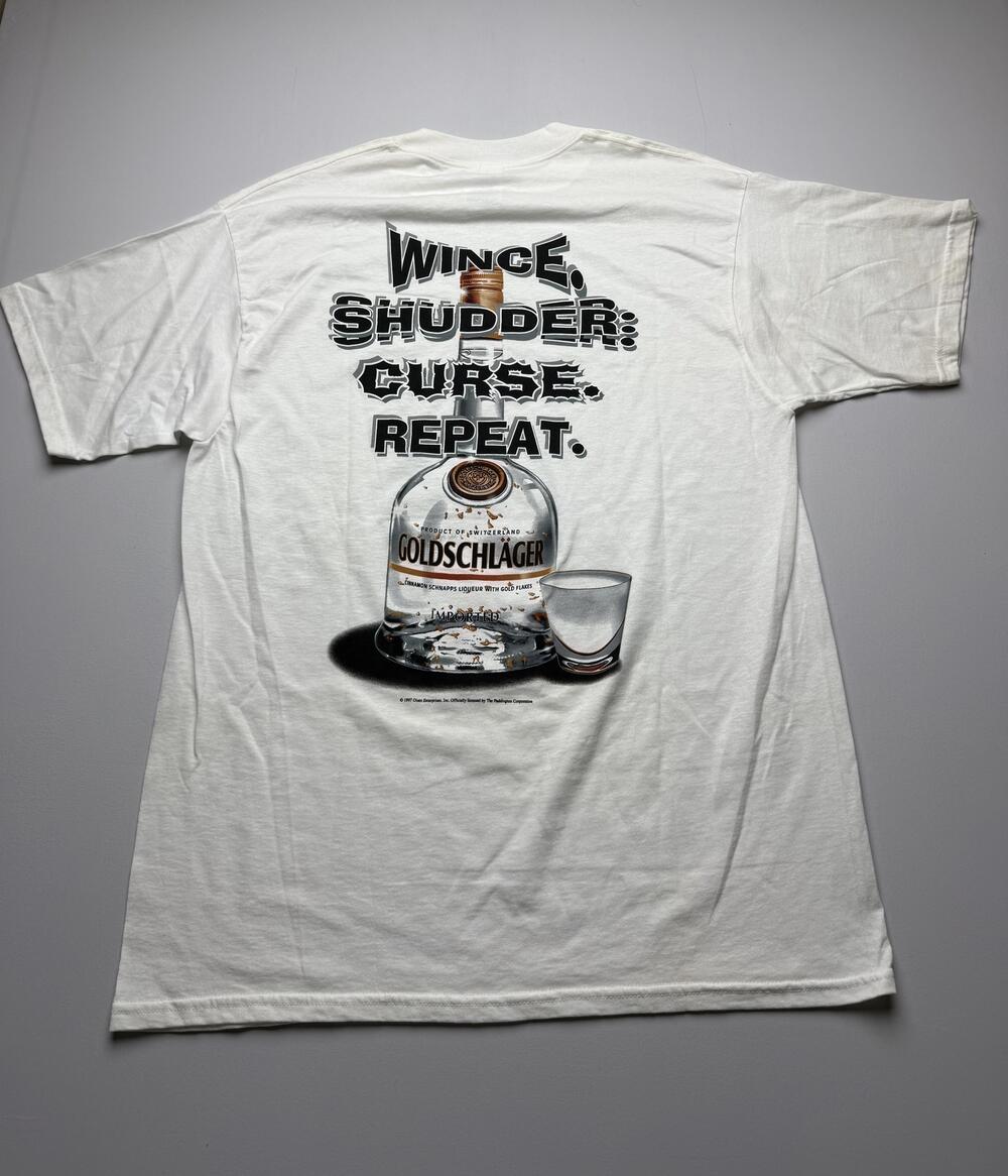 Vintage Goldschlager Shirt Mens XL White Liquor Graphic Tee Tultex 1997 VTG